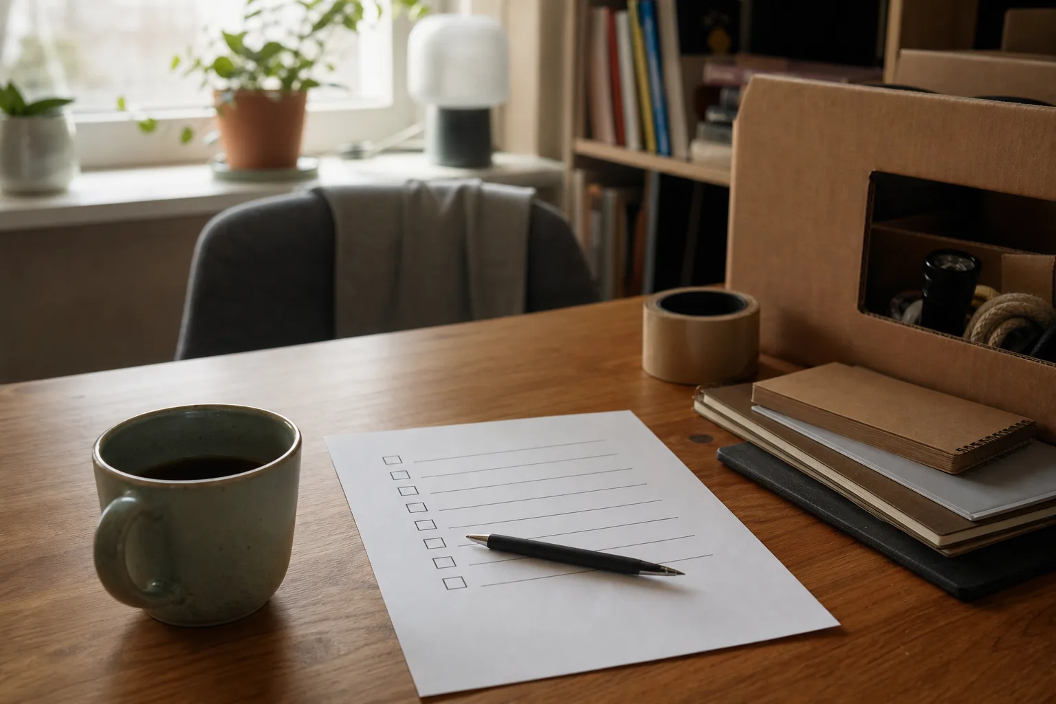Skrivbord med checklista och kaffekopp i eftermiddagsljus