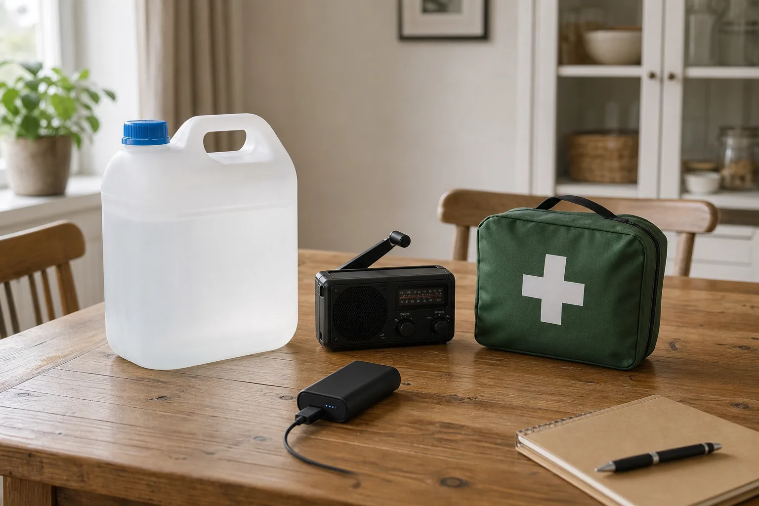 Vattendunk, vevradio och första hjälpen-kit uppställda