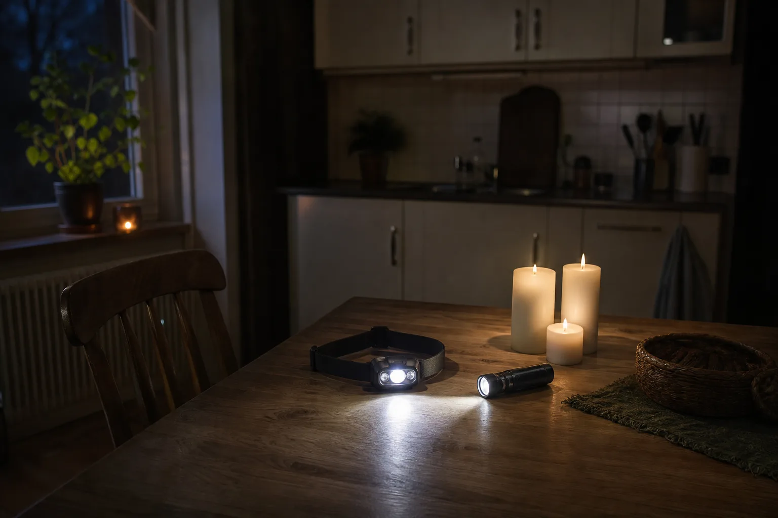 Pannlampa, ficklampa och stearinljus på köksbord