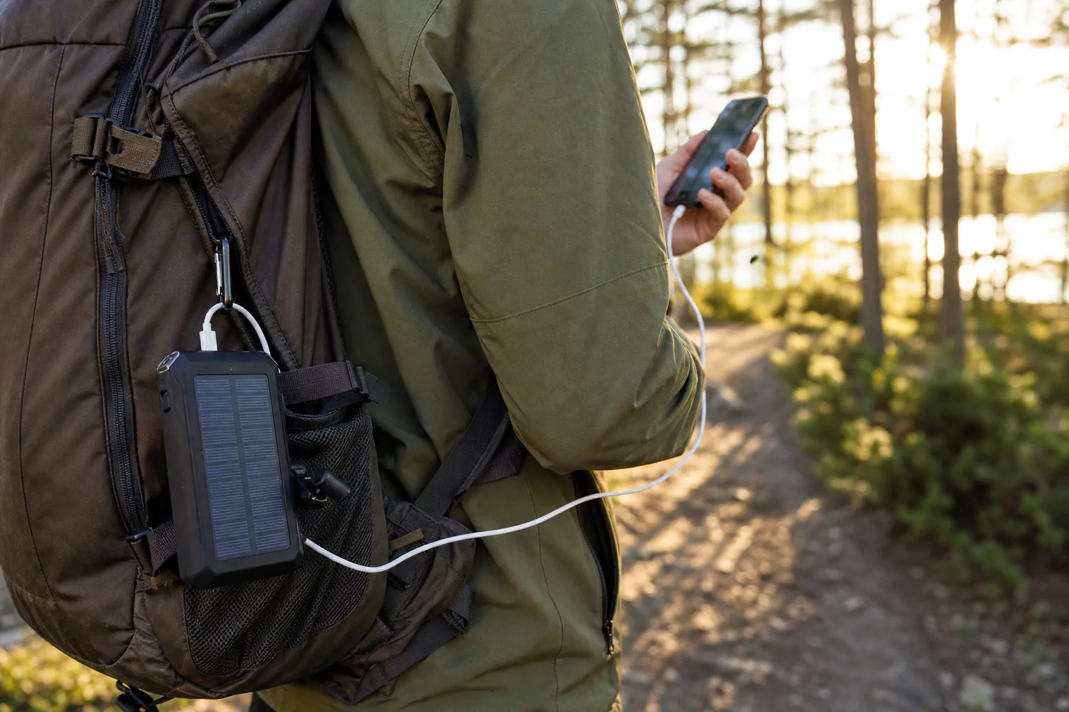 Powerbank med vev och solcell på ryggsäck
