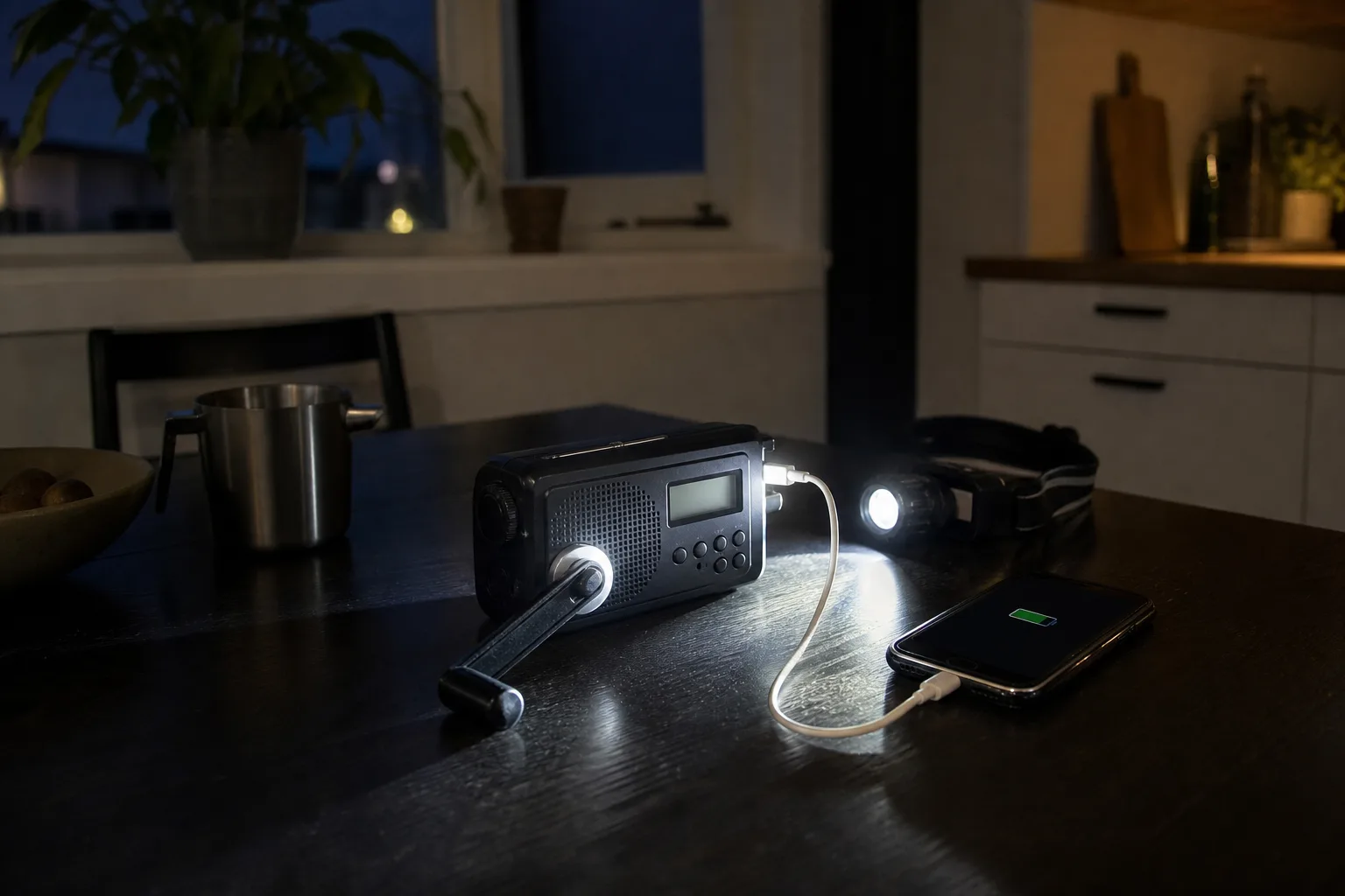 Vevradio med powerbank laddar en mobiltelefon