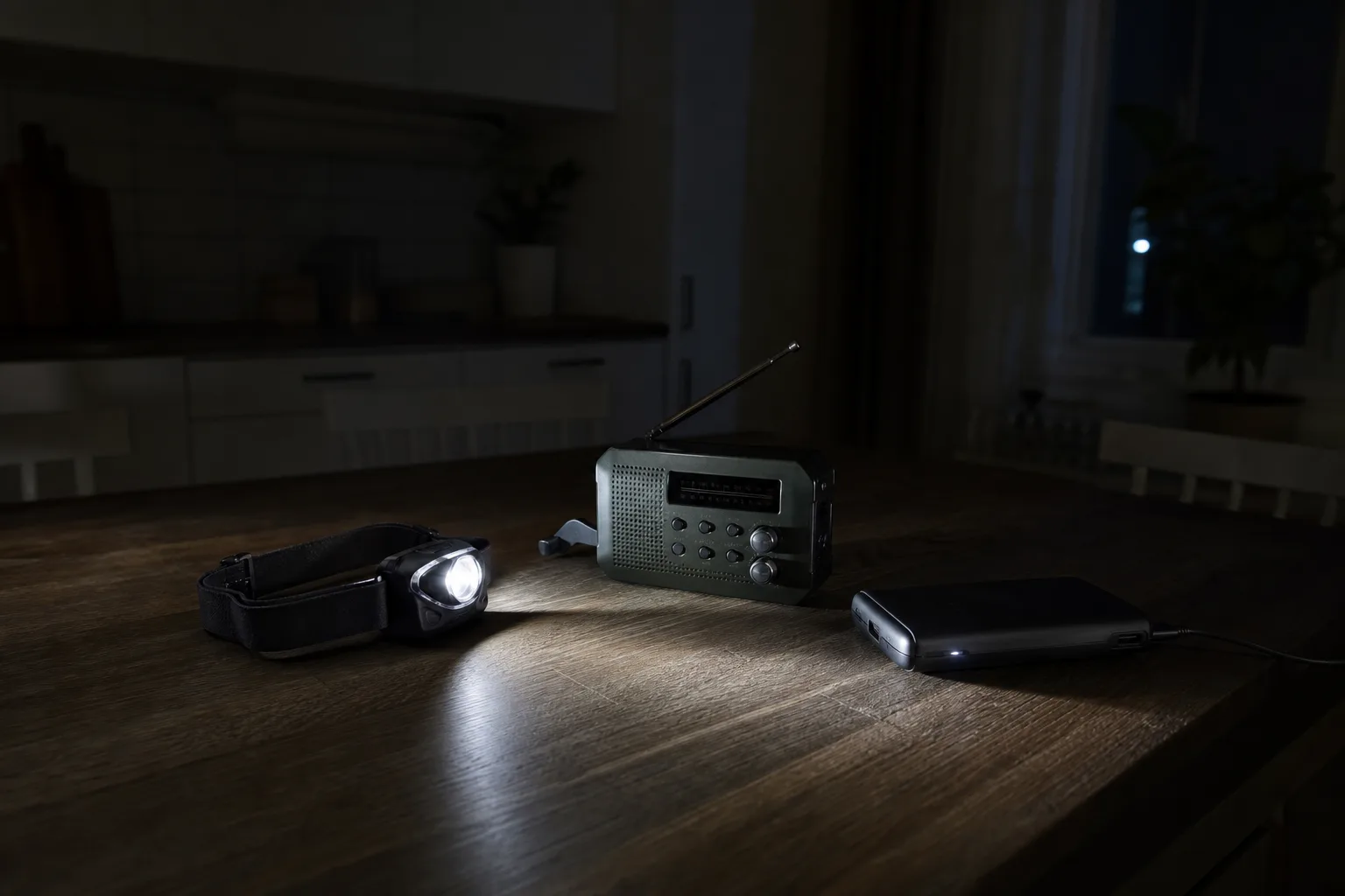 Vevradio, powerbank och pannlampa på mörkt köksbord