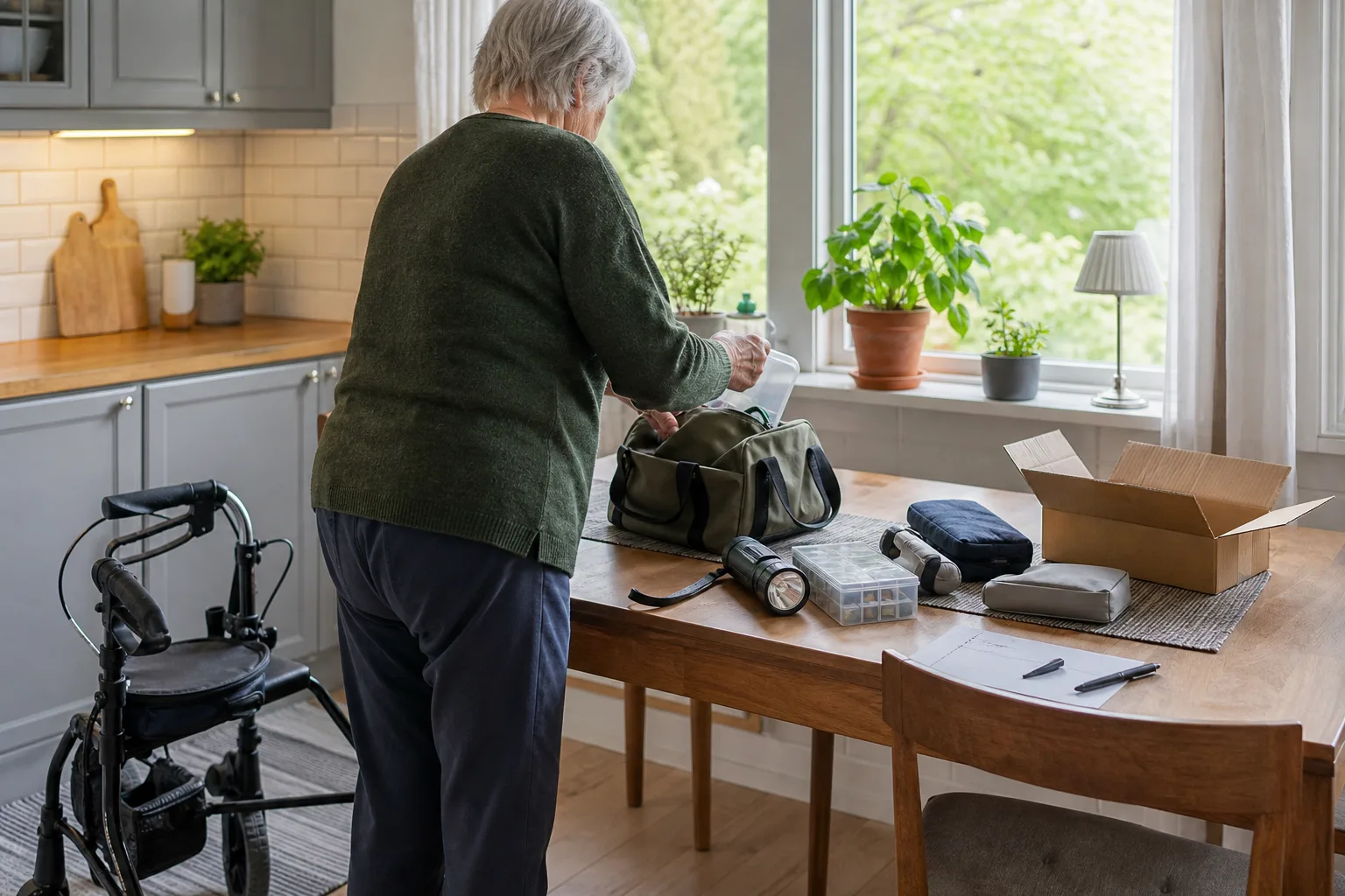 Äldre person packar medicinlåda och ficklampa i väska