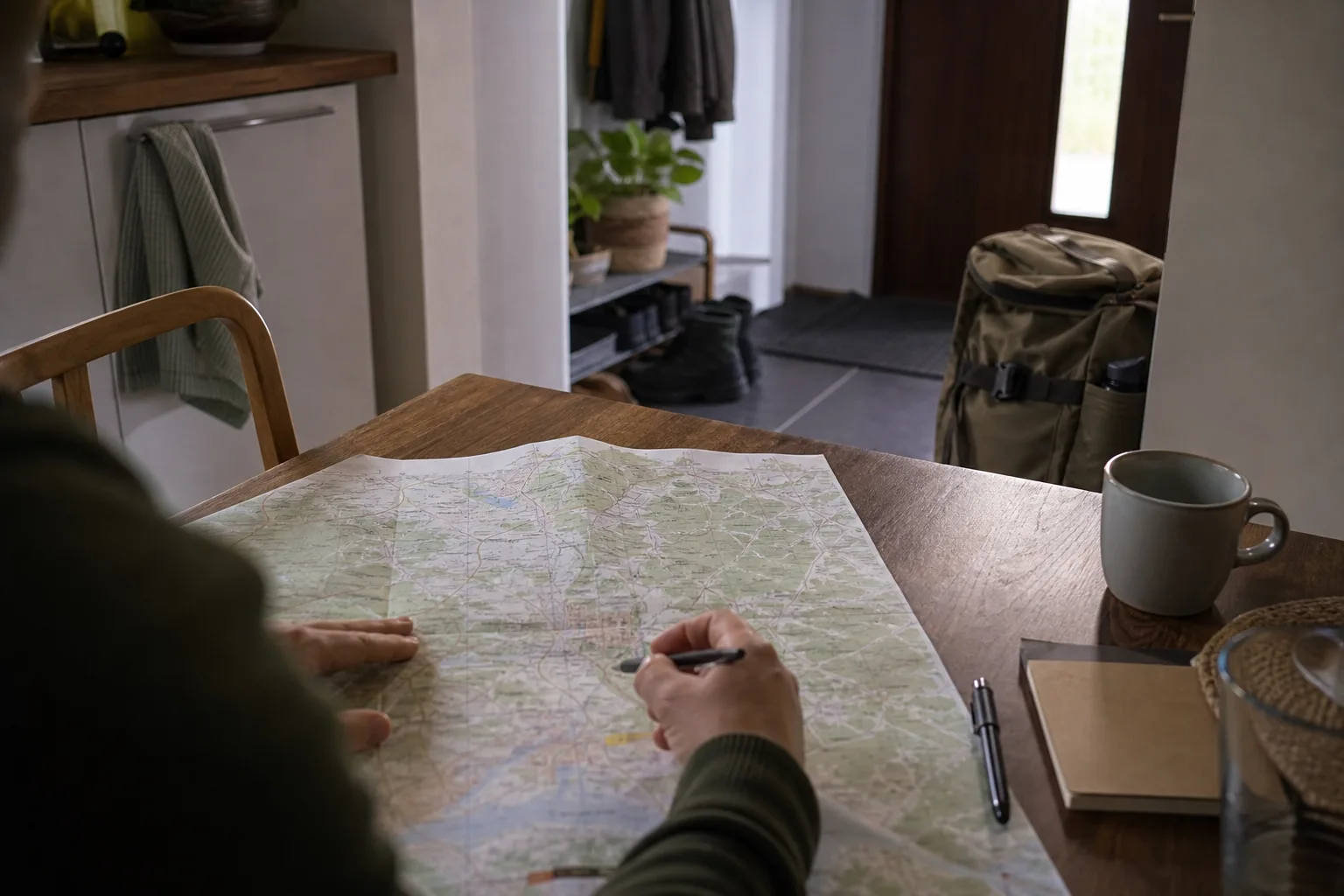 Karta med markerad samlingsplats på köksbord