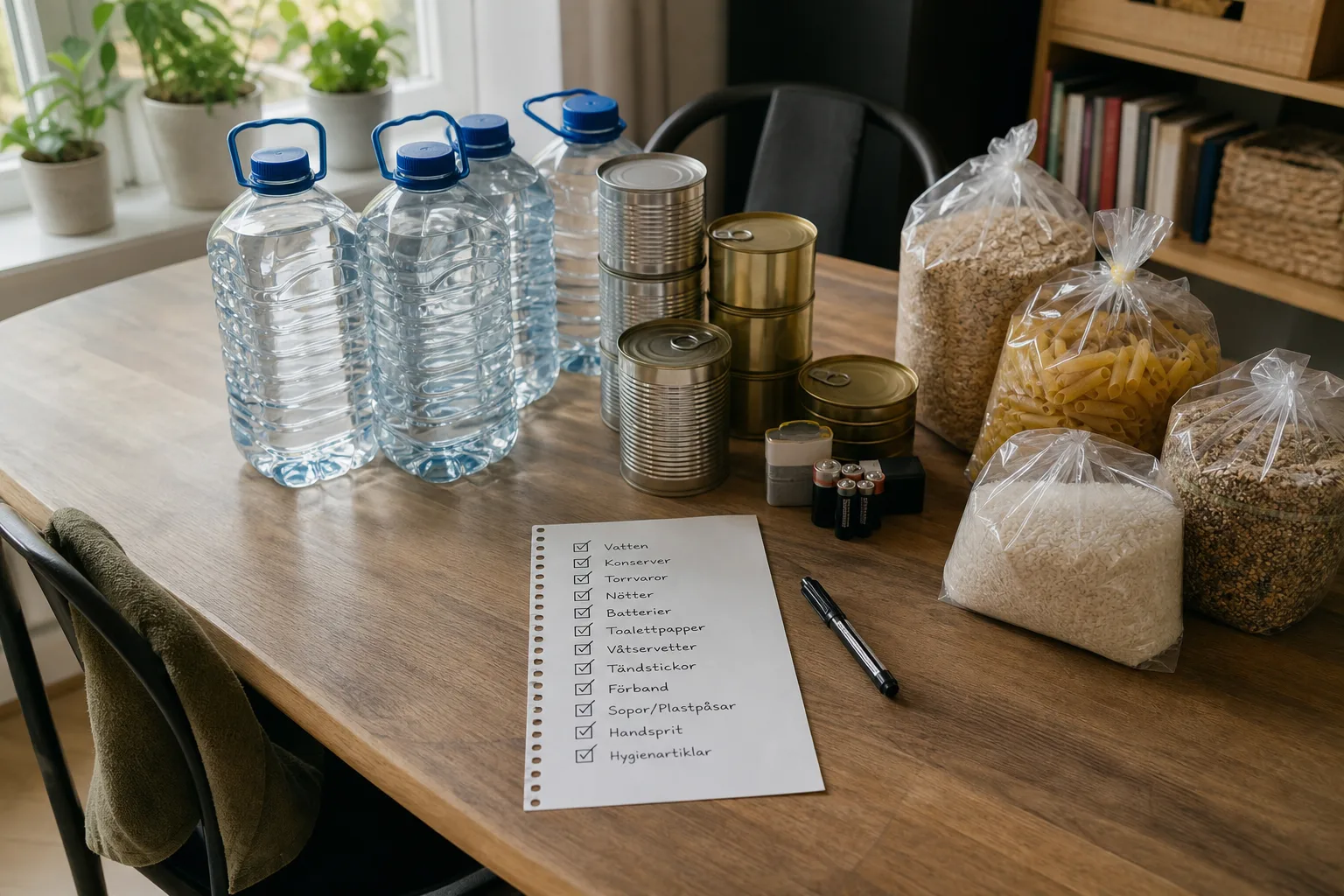 Inköpslista bredvid uppradade beredskapsvaror
