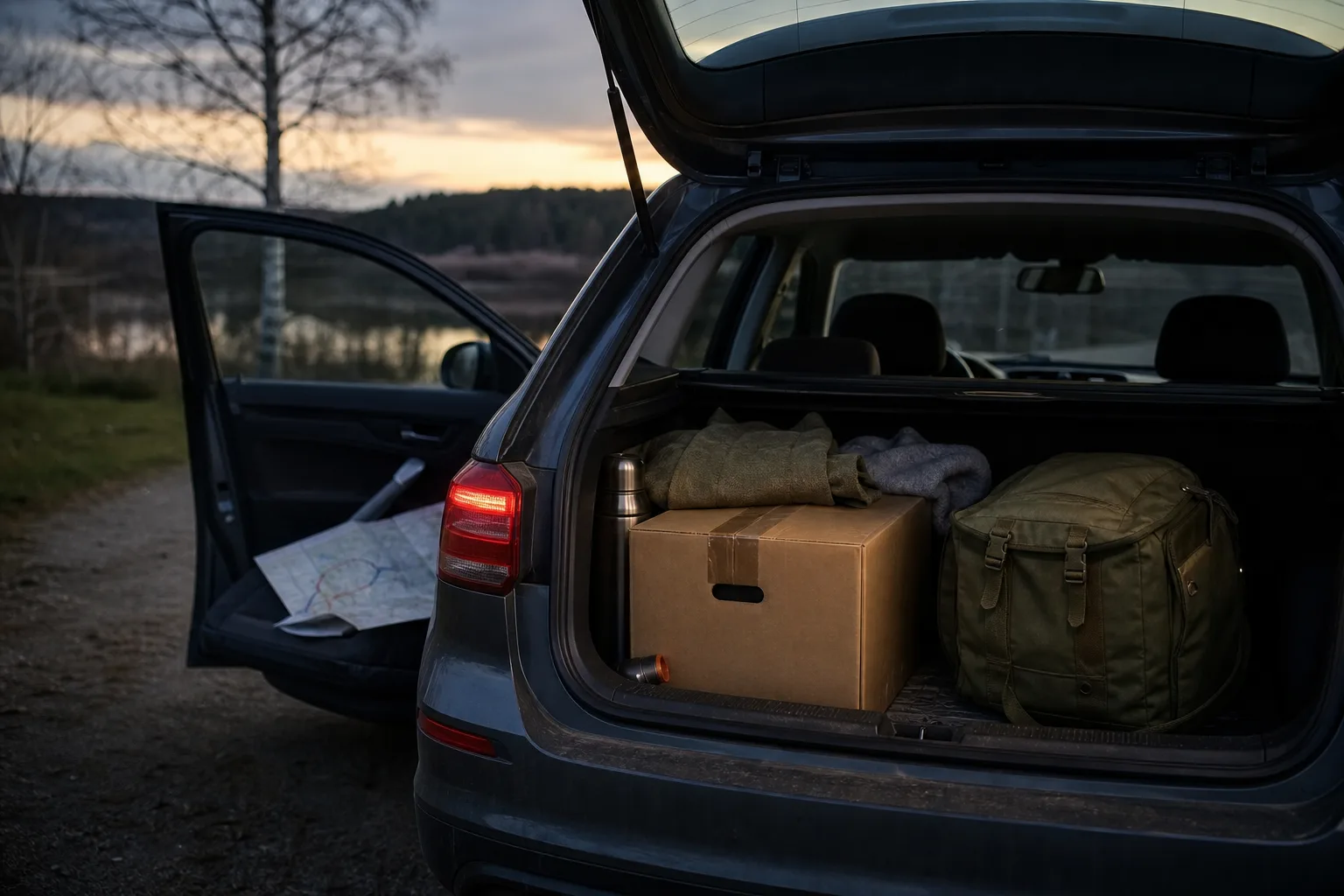 Bil packad med nödväska i bagaget och karta på sätet