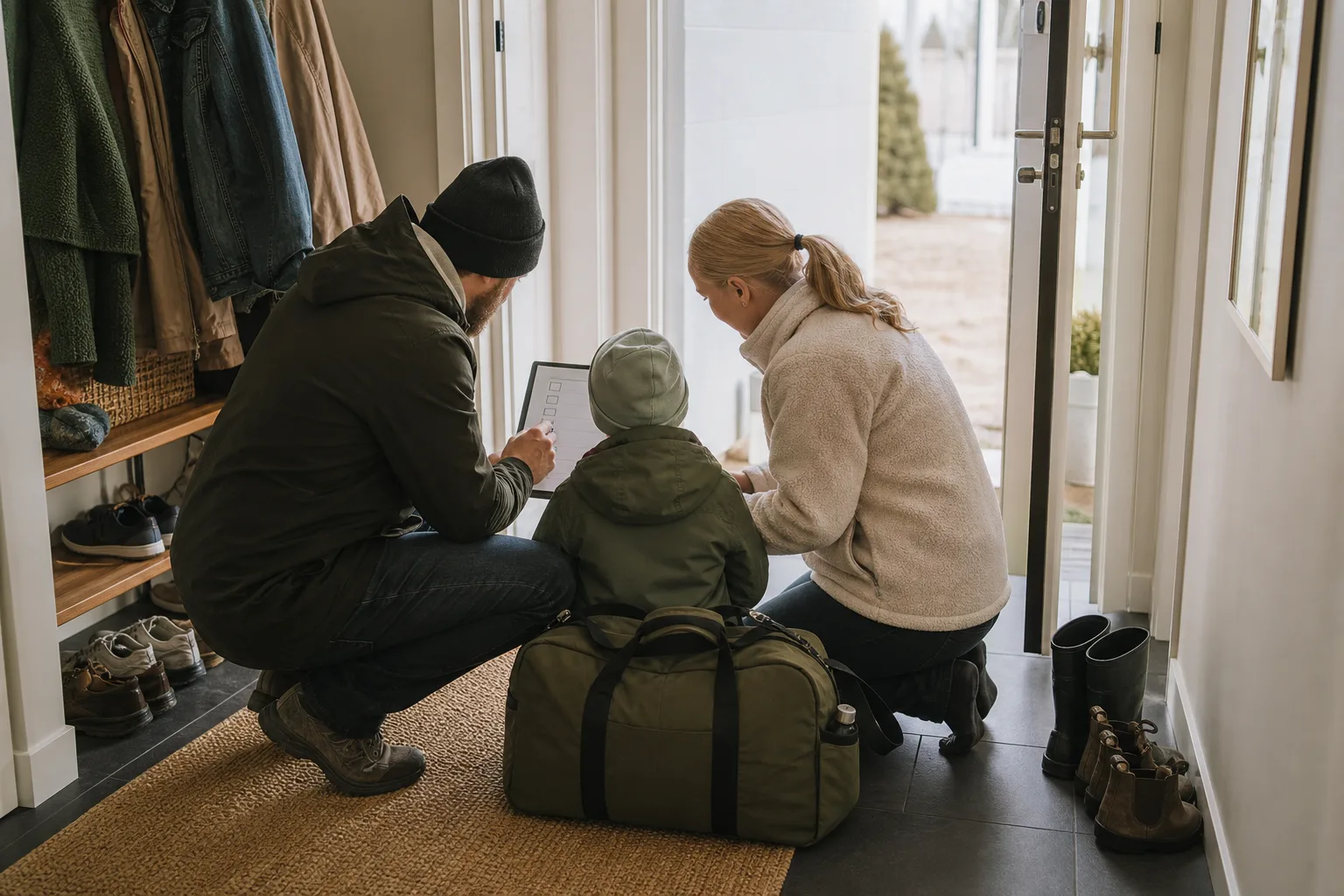 Familj går igenom checklista i hallen med packad väska