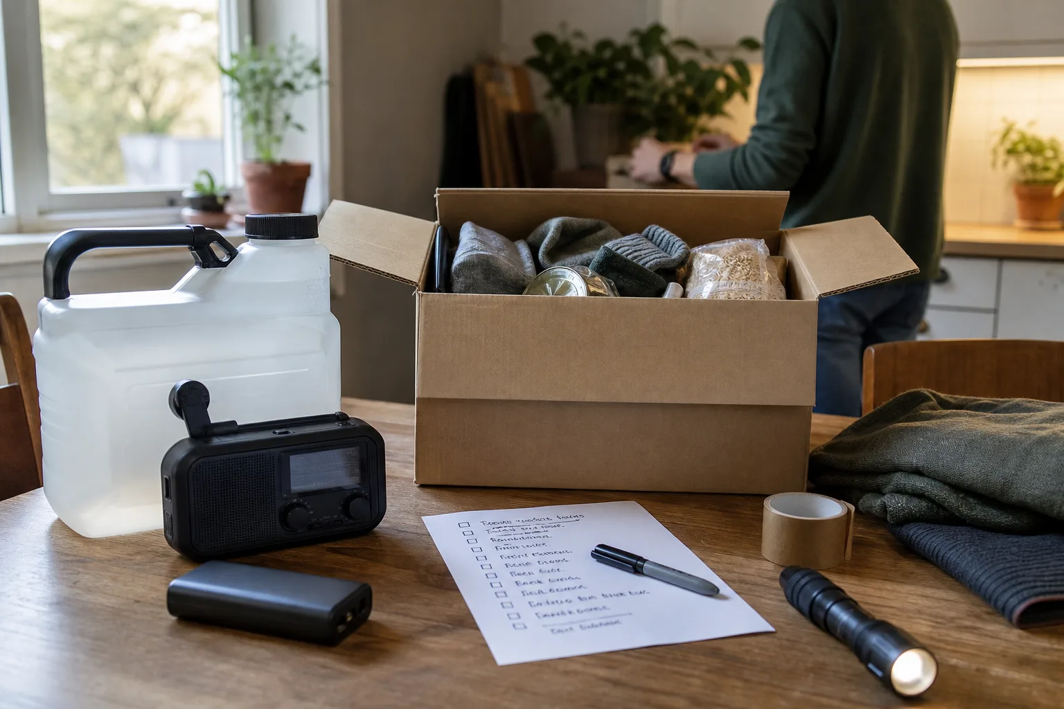 Krislåda packas på köksbord med checklista och utrustning