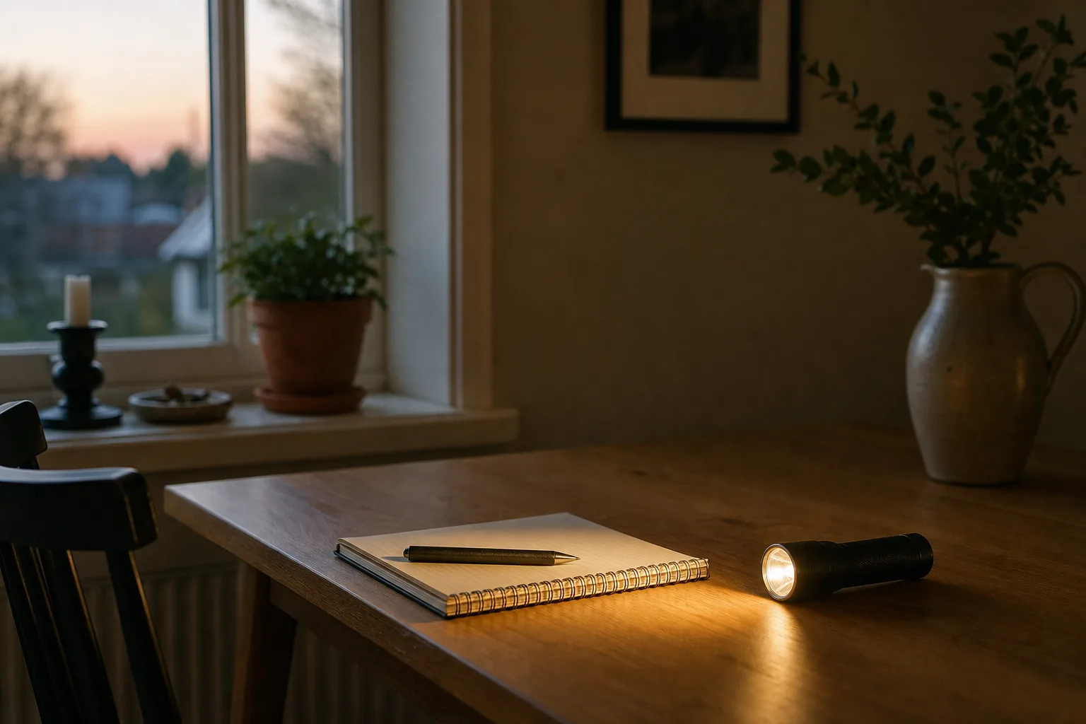Skrivbord med anteckningsbok och ficklampa i kvällsljus