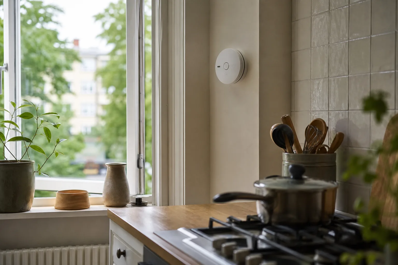Öppet fönster och kolmonoxidvarnare i kök