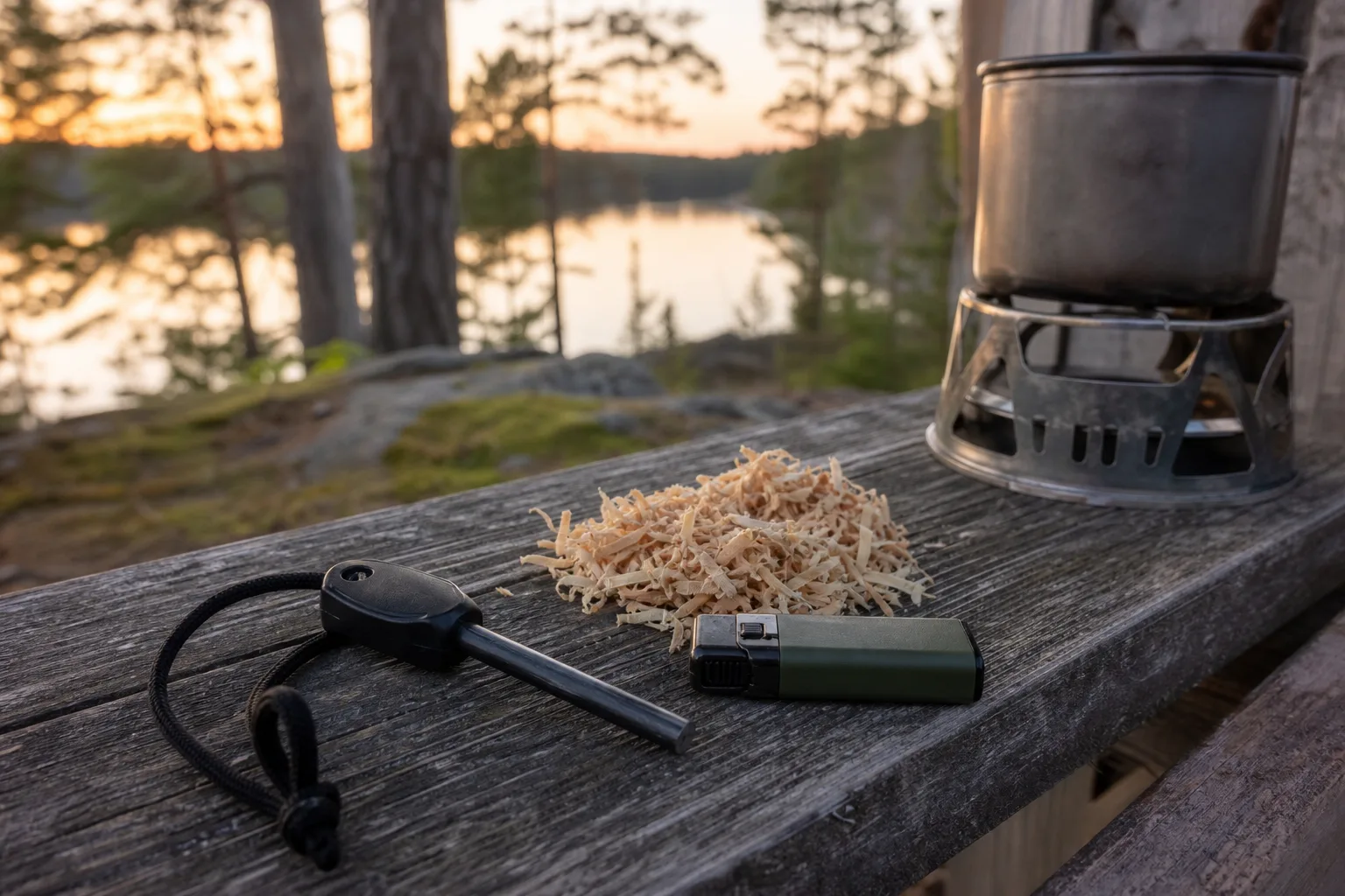 Tändstål och tändare bredvid fnöske utomhus