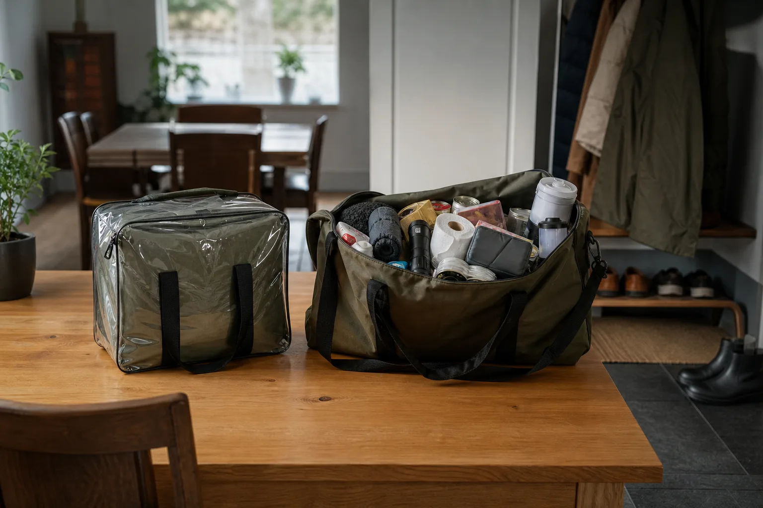Färdigpackad och egenpackad nödväska bredvid varandra