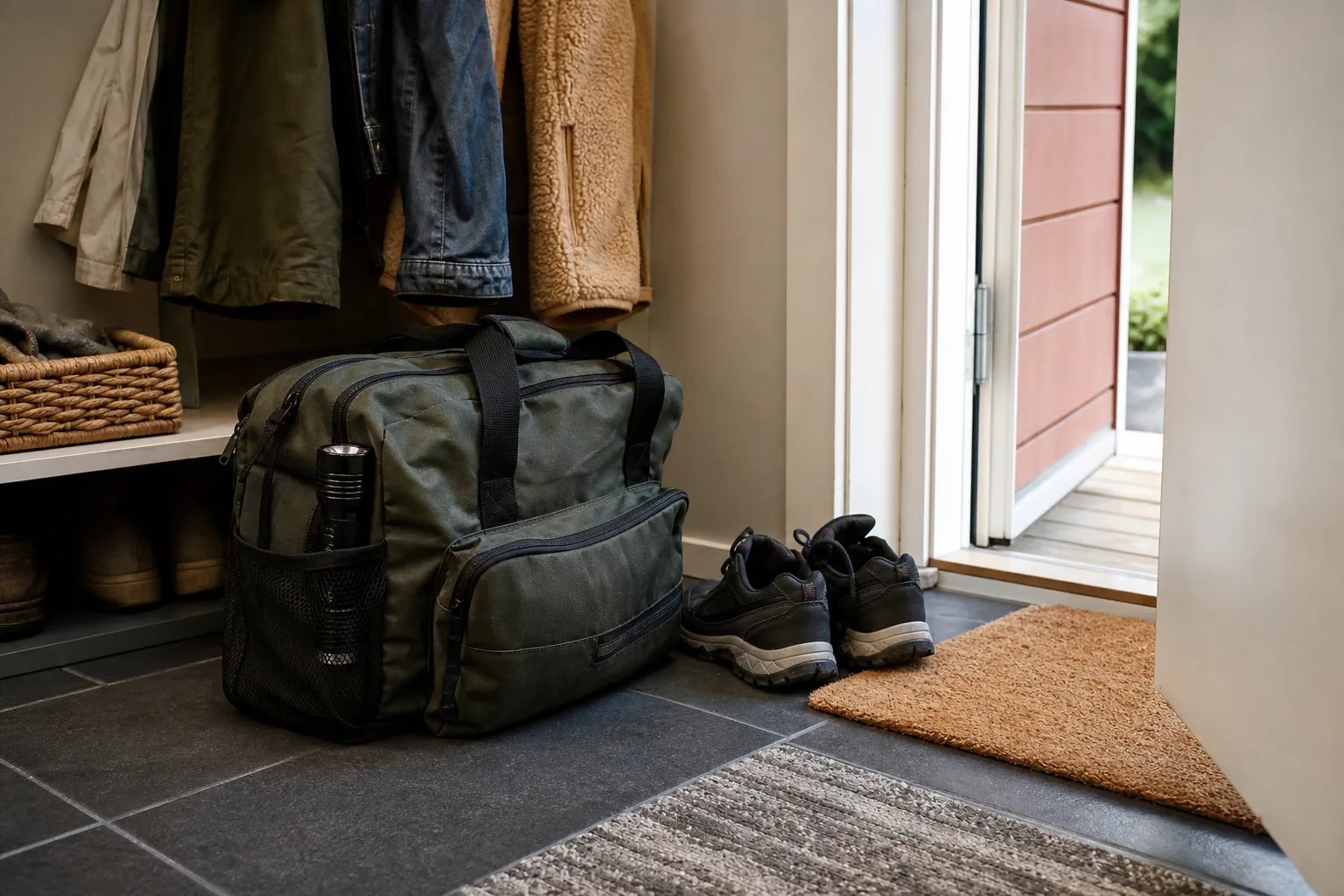 Packad nödväska vid ytterdörren med skor bredvid