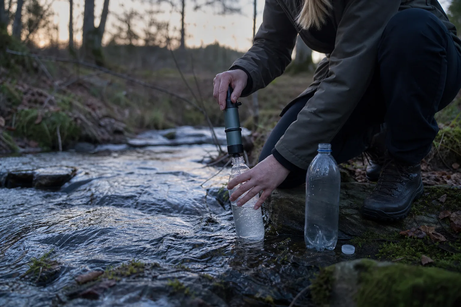 Portabelt vattenfilter används vid en bäck